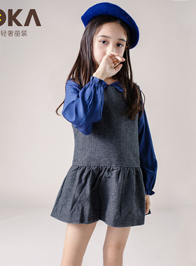 POKA童装春秋新款女童深灰无袖薄连衣裙中大童羊毛呢子背心裙