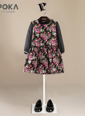 POKA春秋款童装中大女童纯棉裙子雪纺长袖儿童小清新碎花连衣裙