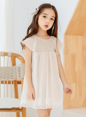 POKA童装2025夏季雪纺连衣裙中大女童荷叶袖波点A字童裙亮片潮