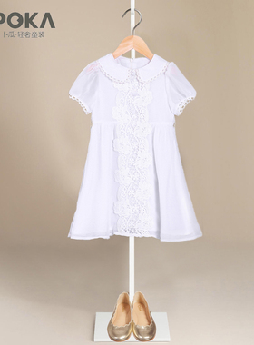 POKA童装夏季女童裙子花朵蕾丝雪纺裙儿童裙白色甜美女孩连衣裙