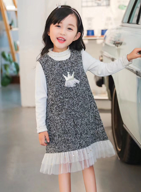 POKA童装2025秋冬新款女童连衣裙格子公主裙网纱花呢背心裙子