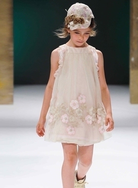 POKA夏季新款女童装公主裙连衣裙 木耳袖绣花儿童A字裙雪纺裙子