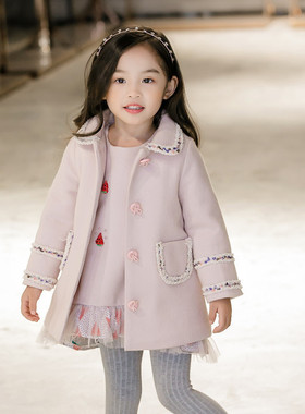 POKA秋冬中大女童装中长款小香风外套夹棉厚羊毛呢长袖公主大衣