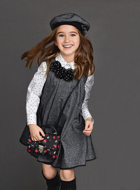 POKA2025春秋新款女童灰色无袖羊毛呢薄背心裙中大童胸花连衣裙