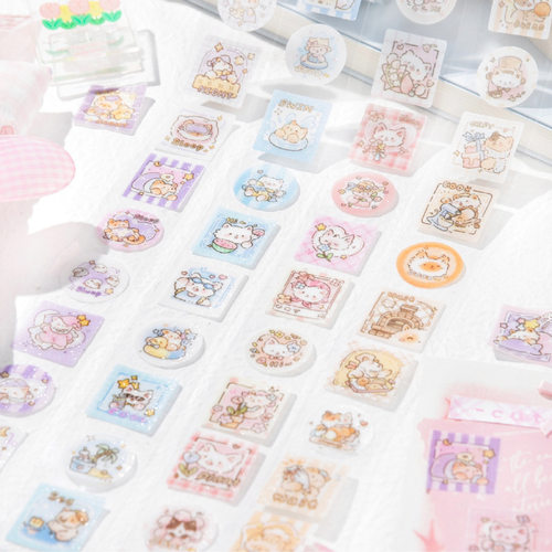 暮光PET拉丝闪砂模切胶带 治愈软喵·云系列 动物创意手账贴纸