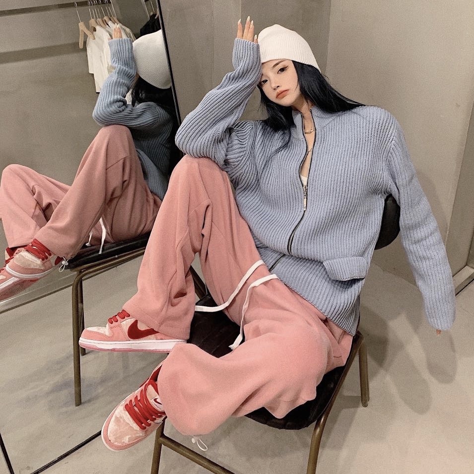 Real price loose sweater coat drawstring wide leg pants suit