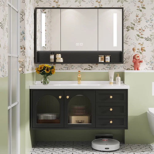 法式轻奢橡木一体盆智能浴室柜