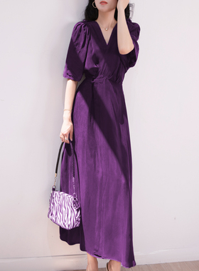 高级感名媛风收腰显瘦紫色铜氨丝长裙连衣裙女 新中式盘扣V领长裙