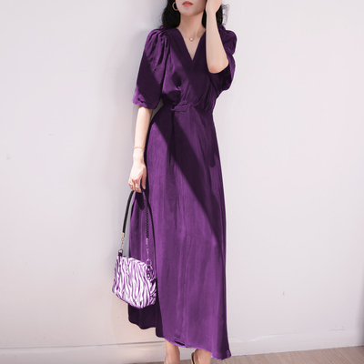 高级感名媛风收腰显瘦紫色铜氨丝长裙连衣裙女 新中式盘扣V领长裙