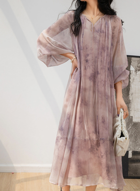 法式复古高级感紫色茶歇裙连衣裙女夏温柔优雅醋酸天丝长裙连衣裙