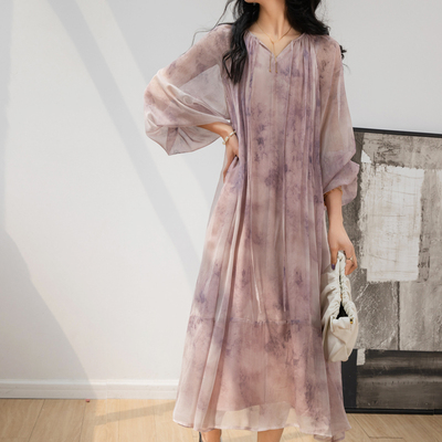 法式A字裙天丝印花茶歇裙温柔风