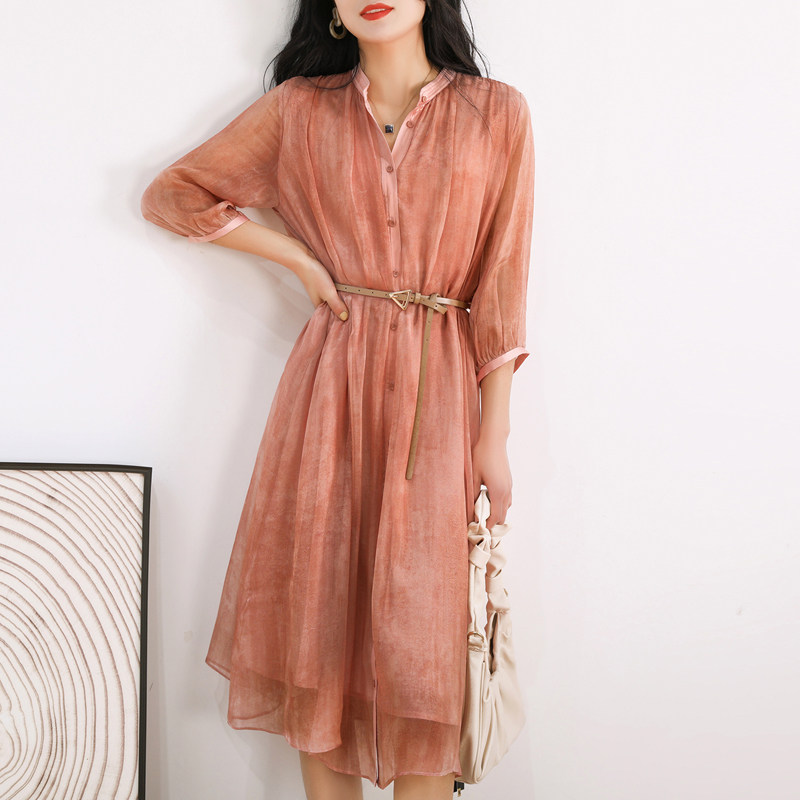 高级感重磅红色天丝连衣裙女夏高端缎面单排扣收腰系带长裙连衣裙