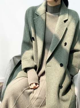 2024冬季新款加厚果绿色双面羊绒羊毛呢子大衣女双排扣西装领大衣