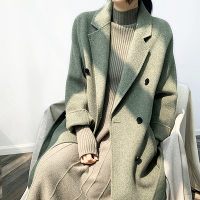 羊绒羊毛呢子大衣果绿色双排扣