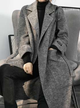 高档深灰色双面羊绒大衣女中长款宽松系带人字纹羊毛呢子大衣女冬