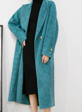 赫本风高级感蓝色极简设计慵懒风双面羊绒大衣女中长加厚毛呢外套