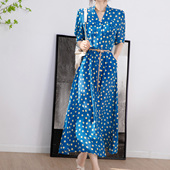 法式 复古蓝色波点雪纺长裙连衣裙女五分袖 立领收腰系带显瘦长裙夏