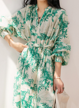 之和定制款绿色印花亚麻长裙连衣裙女 高级感宽松系带棉麻A字长裙