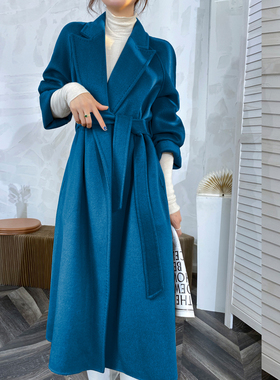 赫本风西装领双面羊绒羊毛呢子大衣女中长孔雀蓝收腰系带羊毛外套