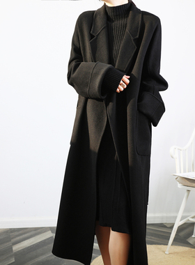 赫本风黑色系带慵懒风睡袍双面羊绒羊毛呢大衣女中长显瘦毛呢外套