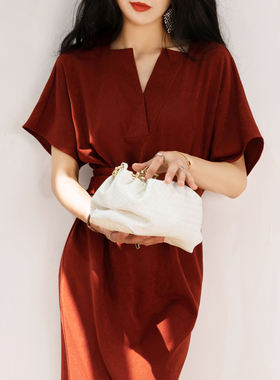 高级感法式复古V领红色连衣裙女夏 收腰显瘦赫本红裙气质连衣长裙