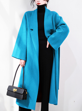 高级感孔雀蓝双面羊绒大衣女中长高端风羊毛大衣气质时尚毛呢外套