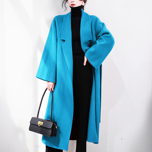 高级感孔雀蓝双面羊绒大衣女中长高端风羊毛大衣气质时尚毛呢外套