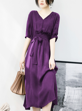 高级感紫色显白铜氨丝长裙连衣裙女中长V领松紧腰五分袖大摆A字裙