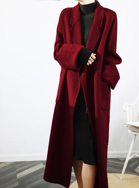 酒红色加厚慵懒风睡袍双面羊绒羊毛呢大衣女冬装中长显瘦毛呢外套