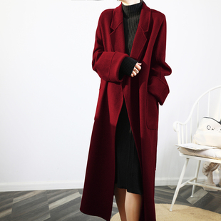 酒红色加厚慵懒风睡袍双面羊绒羊毛呢大衣女冬装中长显瘦毛呢外套