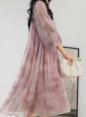 之和高级感御姐小众设计浅紫色油画印花天丝长裙连衣裙女夏2025新