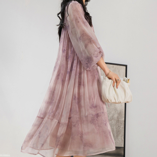 之和高级感御姐小众设计浅紫色油画印花天丝长裙连衣裙女夏2025新