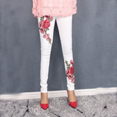 显瘦弹力外穿百搭白色打底裤 2019春秋新款 刺绣贴布小脚裤 女裤 时尚