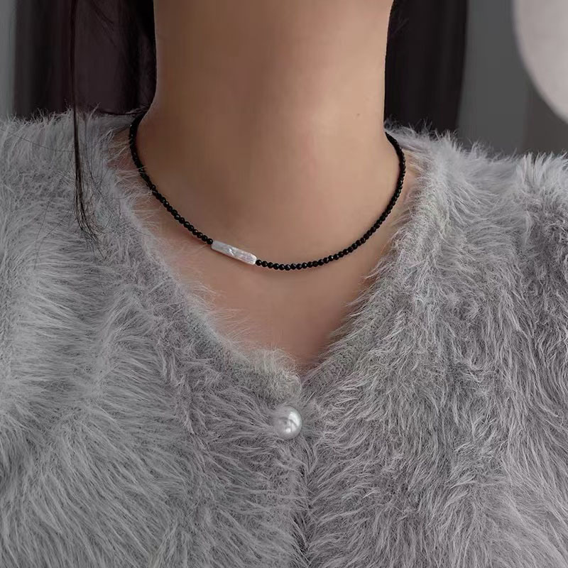 爆闪甜酷风天然黑尖晶锁骨链巴洛克小银条珍珠项链暗黑爆款颈链
