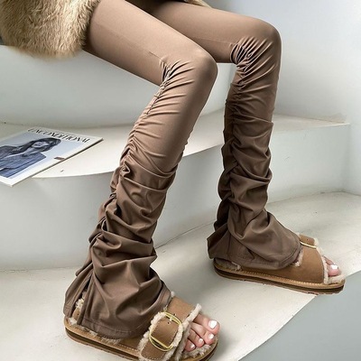 美式高街辣妹高腰显瘦褶皱打底裤