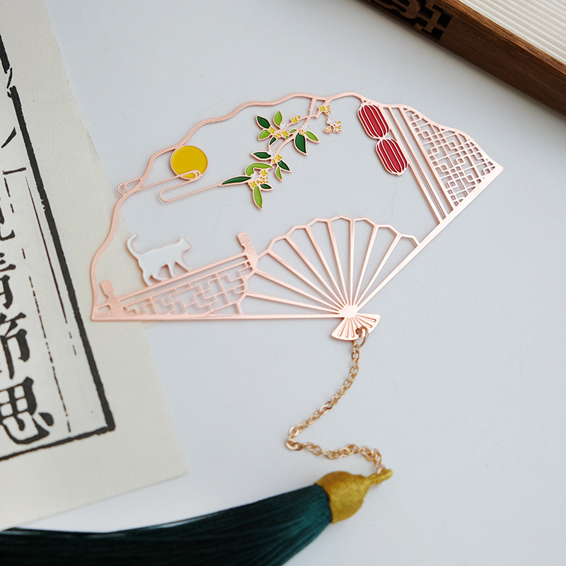 古风折扇金属书签中国风古典文艺小清新学生用礼品可爱猫咪桂花