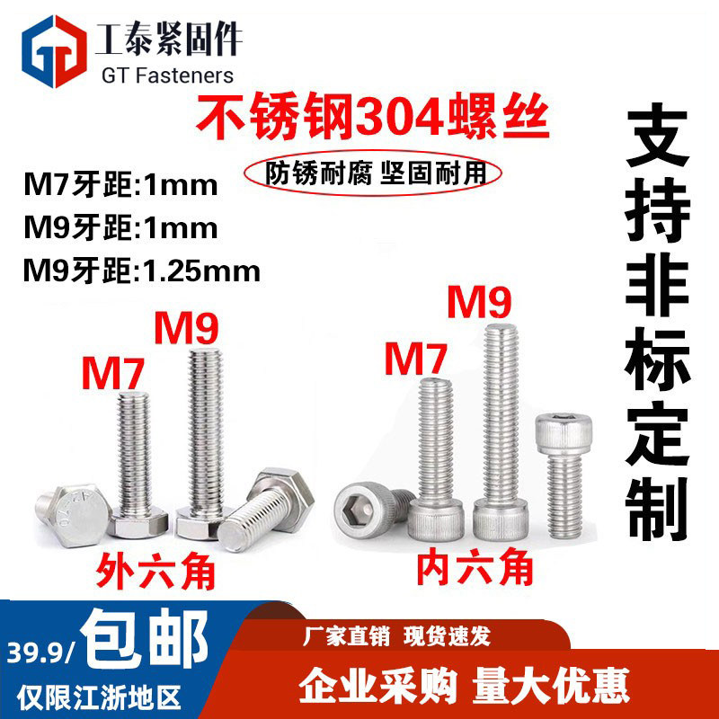 7mm9mm304不锈钢外六角螺丝钉图片