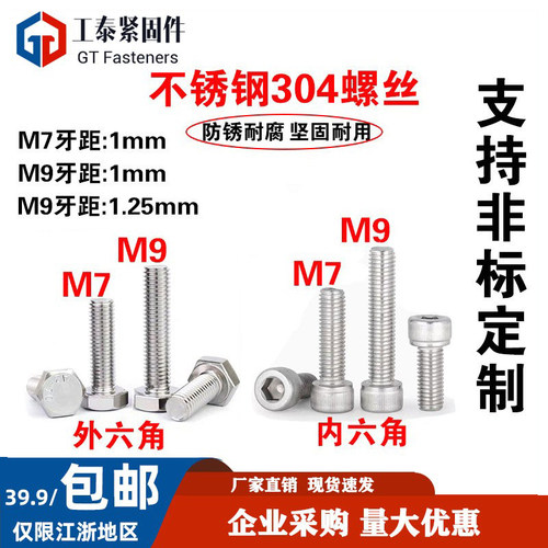 7mm9mm304不锈钢外六角螺丝钉