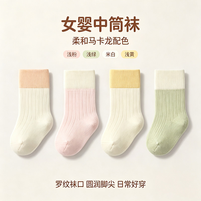 婴儿中筒袜春秋季0-5岁宝宝袜子秋冬马卡龙拼色柔软不勒腿儿童袜