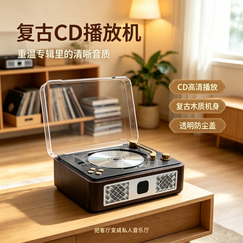 复古一体式 CD播放机蓝牙5.4 便携式HiFi音质留声机内置音箱黑色