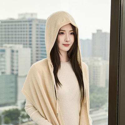 羊绒围巾连帽一体帽保暖针织披肩