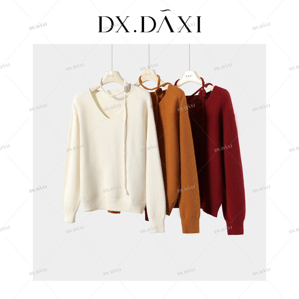 DX.DAXI【冬日玫瑰】挂脖花朵设计感毛衣韩版宽松显瘦长袖针织衫