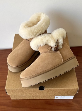河南桑坡村羊皮毛一体真皮纯羊毛牛角扣厚底雪地靴女冬季短筒短靴