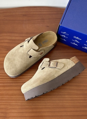 真牛皮勃肯鞋橡木松糕厚底增高真皮包头拖鞋半拖女春夏季时尚外穿