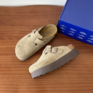 真牛皮勃肯鞋橡木松糕厚底增高真皮包头拖鞋半拖女春夏季时尚外穿