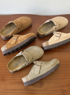 厚底增高勃肯鞋真牛皮橡木真皮包头拖鞋半拖女春夏季时尚外穿博肯