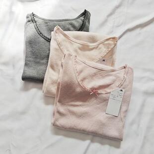 日单原单秋冬保暖秋衣长袖甜美修身圆领上衣软糯棉感家居服打底衣