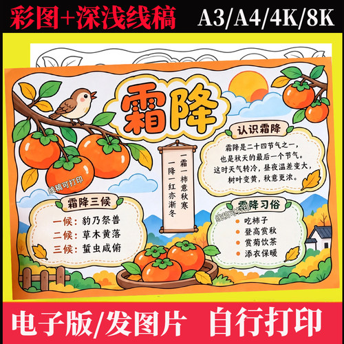 霜降节气手抄报电子版模板小学生24二十四节气认识主题绘画线稿