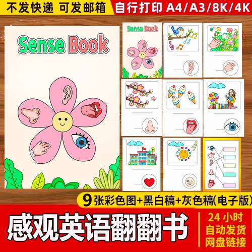 竖版sense book英语感官书绘本翻翻书手抄报电子模板三年级下线稿