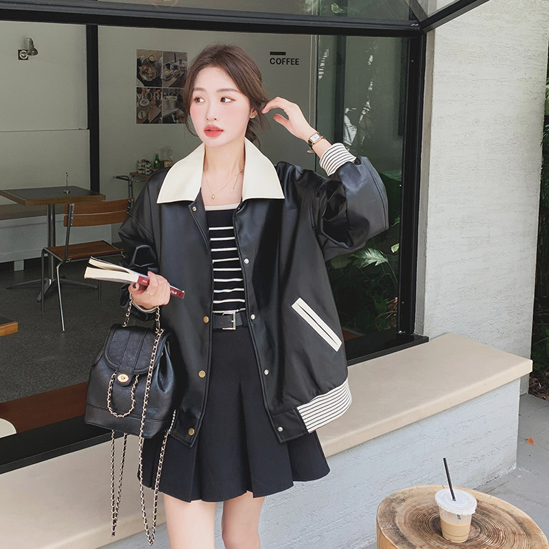 黑色炸街小个子皮衣外套女2025春新款韩版宽松时尚减龄棒球服夹克,女装皮衣,浙宝256